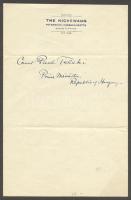 cca 1935 gróf Teleki Pál miniszterelnök saját kezű aláírása massachusetsi hotel fejléces papírján