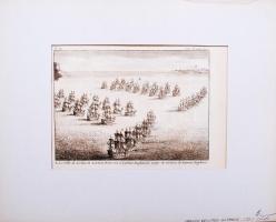 1721 Francia és angol hadihajók Lecluse előtt. Rézmetszet paszpartuban / French and English military-ships at Lecluse. Etching in paspartu 28x36 cm