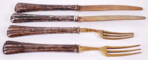 1872-1922 Ezüst (Ag) kagylós nyelű, réz evőeszközök (2 db villa, 2db kés) a Monarchia 800-as, "...