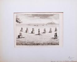 1721 Visszavonuló angol hadihajók. Rézmetszet paszpartuban / Retreating English warships. Etching in paspartu 28x36 cm