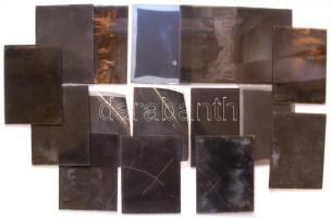 cca 1920 14db üvegnegatív családi, ill. mezőgazdasági gépekről, tűzoltófelvonulásról, ill. a Magyar. Kir. Állami Gépgyár gépéről készült fotókkal, 12x9cm