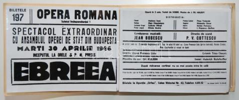 1946 Reklám-leporelló Halévy: La Juive (Ebreea; A zsidó nő) című operájának budapesti bemutatójáról a kolozsvári Opera Romana társulat előadásában (rendezte: P.V. Cottescu, magyar főszereplőkkel: Halmos János, Rigó Magdolna, Székely Mihály etc.)