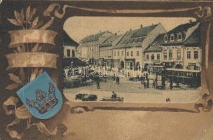 Brassó market place, tram, coat of arms Emb. litho (EB)