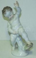 Pisilő fiúcska, kézzel festett jelzett Herendi porcelán szobor / Handpainted Herendi porcelain boy 18cm