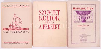 3 db Tompa Lászlónak dedikált verses kötet: Magyar Bálint: Harang játék. Olosz Lajos: Égő csolnakon. Szovjet költők: Harc a béléért.