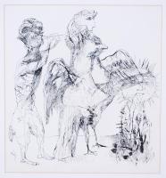 Szalay Lajos (1909-1995): Mitológiai jelenet. Tus, papír, jelzett, üvegezett keretben, hátoldalán férfi vázlat, 36×32 cm