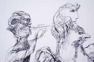 Szalay Lajos (1909-1995): Mitológiai jelenet. Tus, papír, jelzett, üvegezett keretben, hátoldalán fé...