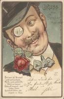 Jovial gentlemen with rose, litho