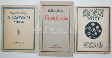 Könyv tétel 3 db: Gábor Andor: Az én hazám. Bécs 1920. Tompa László: Erdély hegyei közt. Walter Gyula: A vágyaim. Székelyudvarhely 1923