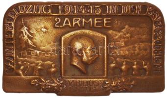 Osztrák-Magyar Monarchia 1914-1915. "Téli hadjárat a Kárpátokban 2. Hadsereg 1914-15" aranyozott tombak sapkajelvény, készítő: "Bildh.Gurschner Wien VII/2" jelzéssel (23x40mm) T:2 Austro-Hungarian Monarchy 1914-1915. "Winterfeldzug 1914-1915 Karphaten 2.Armee Viribus Unitis" gilt tombac cap badge. maker: Bildh.Gurschner Wien VII/2 (23x40mm) C:XF