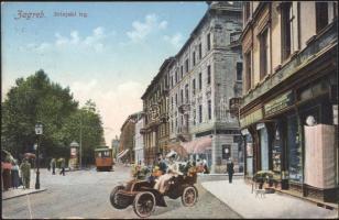 Zagreb Zrínyi square, Parfumerie of Melichar, automobile, tram (fa)