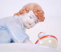 Búgócsigázó kisfiú, kézzel festett jelzett Zsolnay porcelán figura / 
Playing boy, hand painted porc...