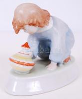 Búgócsigázó kisfiú, kézzel festett jelzett Zsolnay porcelán figura / 
Playing boy, hand painted porc...