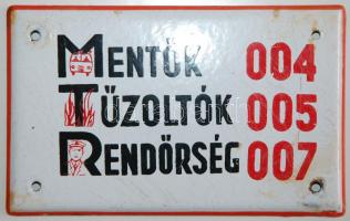 cca 1960 Zománcozott fali táblácska a korabeli segélyhívószámokkal, 10x16cm