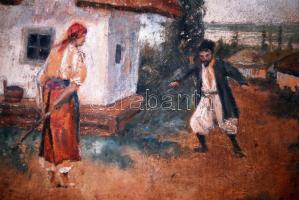 Régi, kézzel festett, bosnyák fatányér / 
Old, hand painted Bosniak wooden plate, d: 25,5cm