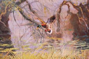 Egyedi fa keret, vadász nyomattal, újszerű állapotban, belső:41,5×56,5 cm, külső:58×73 cm,