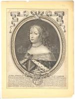 cca 1680 Nicolas de Larmessin (1640-1725): Marie Therese Reyne de France et de Nauarre... Espousé Louys 14 Roy... Ausztriai Mária Terézia (1638-1683), utólag színezett rézmetszet, kartonra kasírozva /  Maria Theresa of Austria, copper engraving later colored, on paper, 27,5x20,5cm