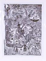 Pálinkás Éva: Égi Vizek Adeptusa. Linómetszet 7/30, papír, jelzett, paszpartuban, 51×59 cm