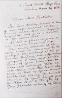 1856 04. 19. Kossuth Lajos (1802-1894) politikus, volt kormányzó sajátkezű, angol nyelvű levele Miss Gertrude Rawlins nevű ifjú hölgynek, melyben köszönetet mond azért, hogy a száműzöttek a hölgy családjának házában lelhettek menedékre és hódolatáról biztosítja a kisasszonyt. Két, kézzel beírt oldal, levélborítékkal /  19 04 1856. Autograph letter of Lajos Kossuth ex-governor in English to MIss Gertrude Rawlins, a young lady whose parents hosted Kossuth and the exiles for awhile. Kossuth renders thanks to the young lady and his parents and assures her of his safe arriwal. Two hand-written pages with envelope