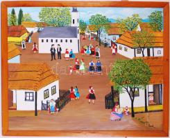Eozh jelzéssel: A falusi élet. Naiv festmény. Olaj, vászon, jobb alul kiszakadt (sérült), keretben, 85×105 cm