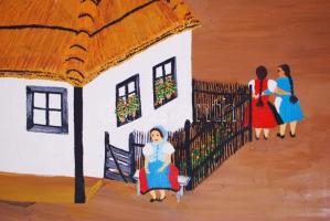 Eozh jelzéssel: A falusi élet. Naiv festmény. Olaj, vászon, jobb alul kiszakadt (sérült), keretben, ...