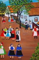 Eozh jelzéssel: A falusi élet. Naiv festmény. Olaj, vászon, jobb alul kiszakadt (sérült), keretben, ...