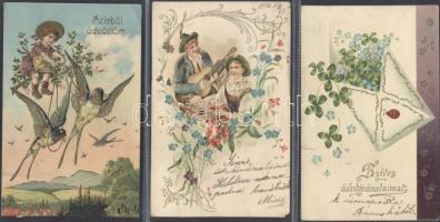10 db háború előtti igényes üdvözlőlap, ebből 7 litho és 5 dombornyomott / 10 pieces pre-war demanding greeting postcards, 7 litho and 5 embossed cards