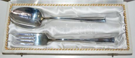 Ezüstözött alpakka gyermek étkészlet, díszdobozban, jó állapotban, jelzett