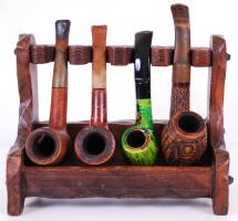 Fa pipatartó állvány 4db pipával /  Pipe stand with pipes, 21x17x10cm