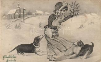 New Year, pig, girl, dogs (Rb)