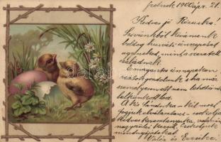 Easter chicken, eggs, litho