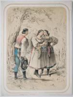 Kőnyomat: Magyar népviseletes leányok, legény / Lithography 23x31 cm