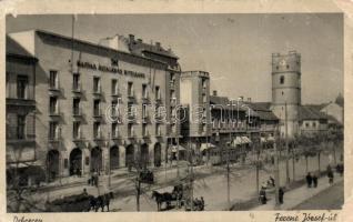 Debrecen Ferenc József (ma Piac) utca, Magyar Általános Hitelbank, villamos (fa)