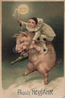 New Year pig, clown, champagne, litho, Emb. (EB)