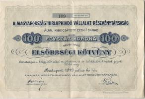 1912. MAGYARORSZÁG Hírlapkiadó Vállalat 100K kötvény / Verlagsges. Anleihe