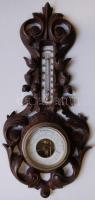 Régi barométer és hőmérő díszes faragott fakeretben / Vintage barometer and thermometer in carved wooden frame 43cm