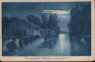 Hévíz gyógyfürdő éjjel, Jókai ház a csatornafürdővel (fl)