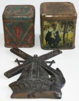 2db fémdoboz és egy szélmalmot ábrázoló fém domborműves falidísz /  Metal boxes and a plaque