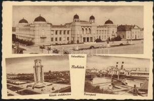 Mohács Városháza, Hősök emlékműve, kikötő gőzhajóval (EK)