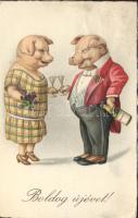 New Year, pigs, champagne litho