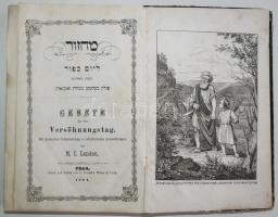 Gebete für den Versöhnungstag. Mit deutscher Übersetzung u. erläuternden Anmerkungen v. M. I. Landau. Prague, 1864, S. Freund's Witwe & Comp. Héber-német kétnyelvű imakönyv vaknyomott papírkötésben, Ábrahámot és Izsákot ábrázoló címképfametszettel, kissé kopottas állapotban /  Hebrew-German bilingual prayer book with title picture, paper binding, somewhat worn condition