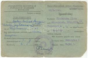 1945 A Magyar Államrendőrség Miskolci Főkapitánysága által kiállított orosz-magyar kétnyelvű munkavégzési igazolvány