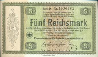 Német 3.Birodalom 1933. 5RM &quot;WERTLOS&quot; perforációval T:I German Third Reich 1933. 5 Reichsmark &quot;WERTLOS&quot; perforation C:Unc