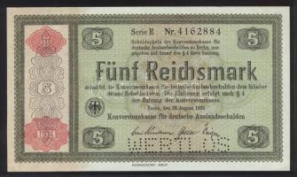 Német 3.Birodalom 1934. 5RM "WERTLOS" perforációval T:I German Third Reich 1934. 5 Reichsmark "WERTLOS" perforation C:Unc