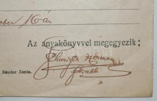 1918 Zentai főrabbisság. Kivonat a születési anyakönyvből. Schweigler Herman főrabbi aláírásával