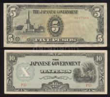 Fülöp-szigetek/II. világháború/japán megszállás 1943-44. 5P + 10P T:III,I- Philippines/Japanese occupation 1943-44. 5 Pesos + 10 Pesos C:F,AU