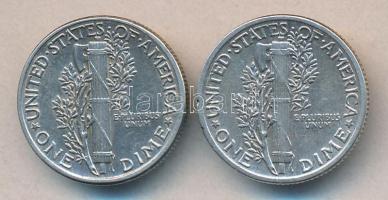 USA 1941. 1d Ag "Mercury" + 1944. 1d Ag "Mercury" T:2 USA 1941. 1 Dime Ag "Mercury" + 1944. 1 Dime Ag "Mercury" C:XF
