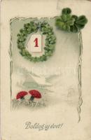 New Year, clover, calendar, mushroom, litho
