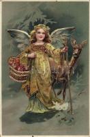 Christmas, angel with deer, litho, Emb. (b)