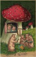 New Year, mushroom house with calendar, learner pigs, litho (EK)